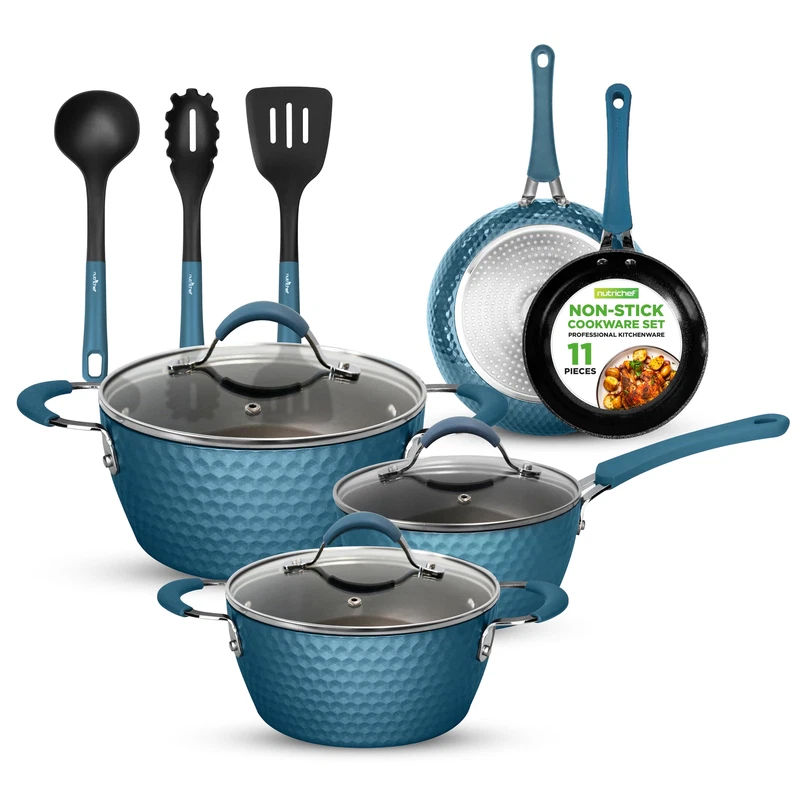 Nutrichef 11 Pc Ceramic Cookware Set - Excilon Blue Diamond Nonstick Induction