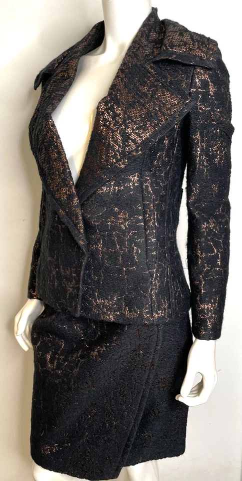 Donna Karan Black Copper Shimmer Skirt Suit US 4 IT 40 Wrap Skirt Jacket Evening - Image 4 of 4