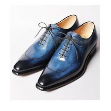 Handmade Men's Leather New Oxfords Blue Burnished Pointed Toe Wingtip Shoes-310