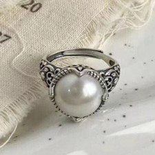 925 Sterling Silver Large Pearl Retro Adjustable Ring Girls Womens Jewellery