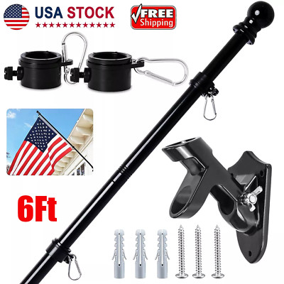 6Ft Flag Pole Kit Flag Pole House Porch Black Holder Wall Mounting Bracket Kit