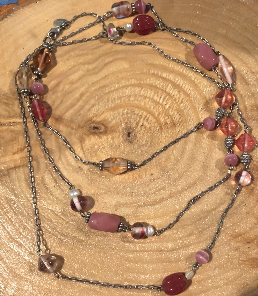 Collier Pull Chaîne Perles De Verre Rose Lia Sophia - Occasion - Bijou Signé