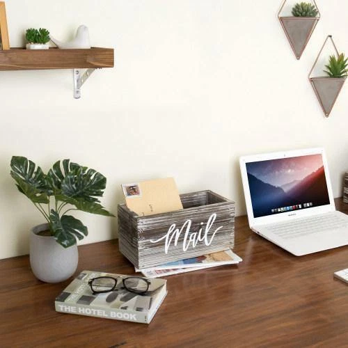 Decorative Rustic Brown Torched Wood Tabletop Mail Box/ Letter Storage Organizer - Image 3 of 4