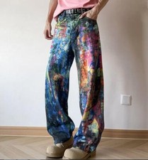 Men's Denim Blue Jeans Colorful Printed Straight Leg Casual Pants Trousers Punk