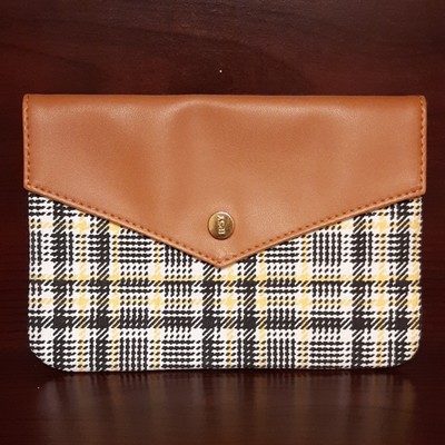 NEW Ipsy Glam Bag Makeup Case Flip Snap Closure Yellow Brown Leather Fabric