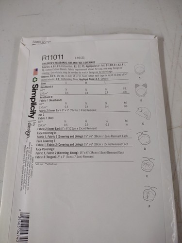 Simplicity Pattern R11011/S9305 Childs Headbands Hat & Face Mask Coverings S-L - Imagen 3 de 5