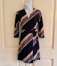 Ann Taylor Wrap Dress V-Neck Striped Belted tie, 3/4 sleeves Black/Pink XXS
