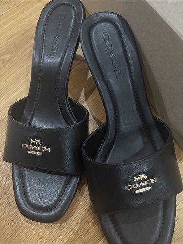 Coach Lockup Sandal Black Leather mules Kitten Heels Uk 6.5 USA 8.5 £250 - Picture 2 of 8