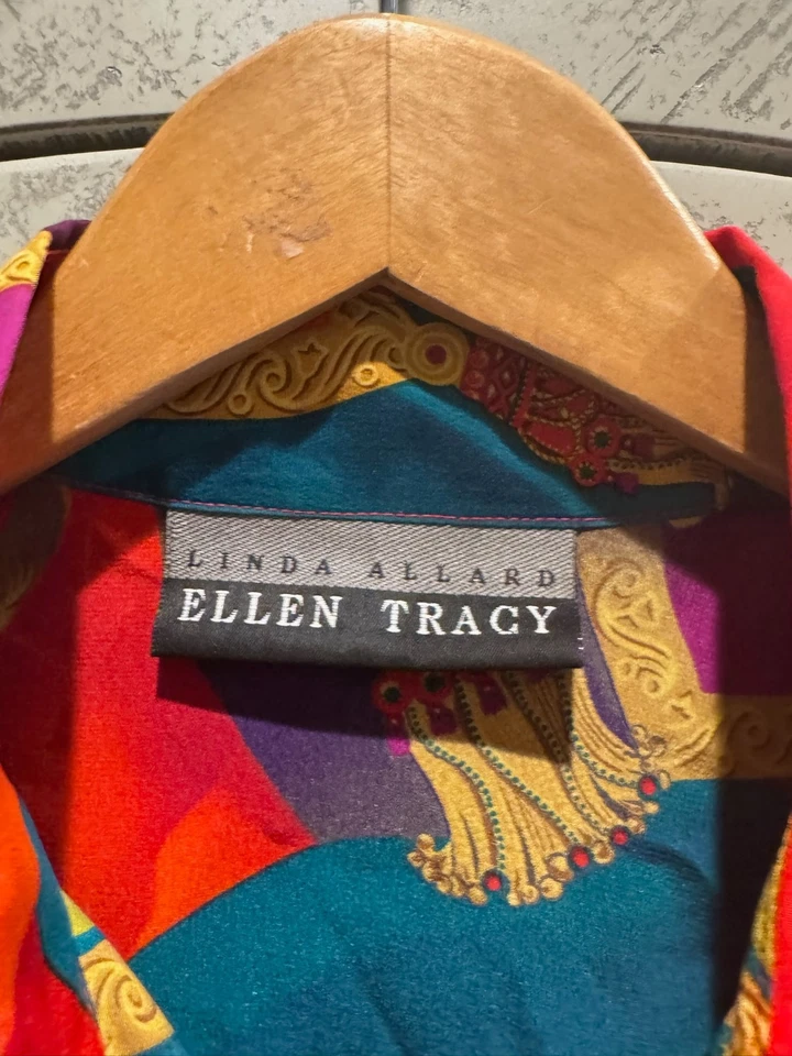 Blusa Top Vintage Ellen Tracy Seda Colorido Bufanda Estampado Ecuestre 100% Seda 90 Foto 3 de 4