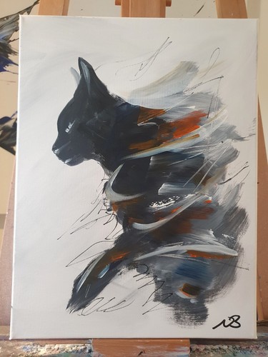 ORIGINAL ACRYLIC PAINTING 12x16 BLACK CAT ABSTRACT HOME WALL ART PAINTED CANVAS - Picture 3 of 11