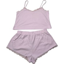 ASOS DESIGN Ribbed Lace Trim Cami Shorts Pajama Set - Soft Pink Women's Small
