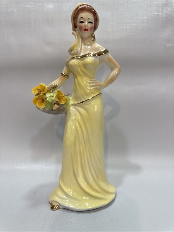 Vintage Josef Originals 10 1/4"H Woman Hand on Hip, Yellow Dress Basket w Flower
