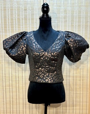 DO + BE Puff Sleeve Top Corset Style Black Metallic Leopard Mob Wife Chic Size M