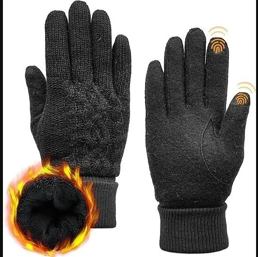 Merino Wool Gloves Unisex - Fleece-Lined Touchscreen Thermal Soft Black Size XL