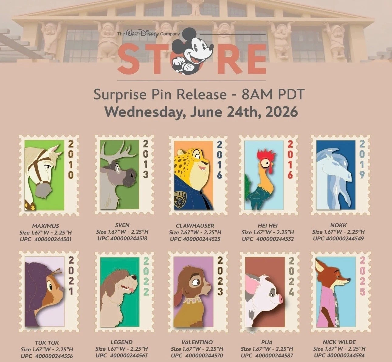 Disney DEC Animal Stamps Full 10 Pin Set LE300 | Frozen Zootopia Moana & More