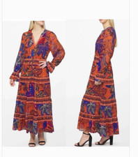 Farm Rio Wild Jungle Tassle Drawstring Midi Dress, Rust Orange /Blue Size S