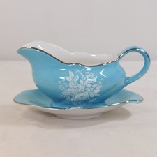 Royal Winton Mint Sauce Boat Jug & Drip Tray Saucer Grimwades Blue Floral 1950s