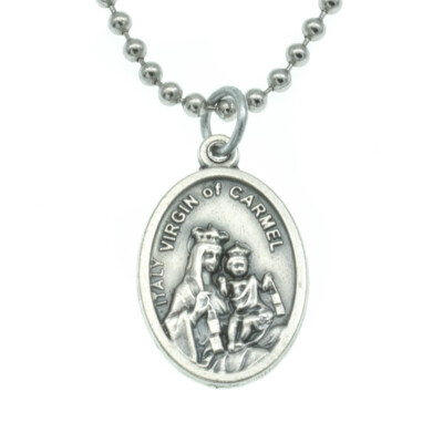 Our Lady Virgin Of Mt. Carmel Medal 1'' Silver Plated Pendant Necklace Italy