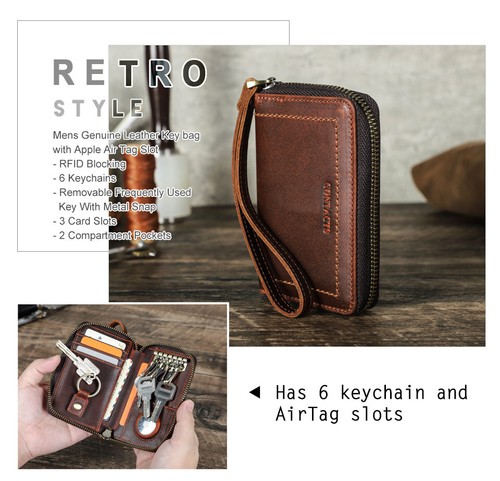 Echt Leder RFID Schlüsseltasche Schlüsselmäppchen Geldbörse Für AirTag 3 Karten - Bild 7 von 10