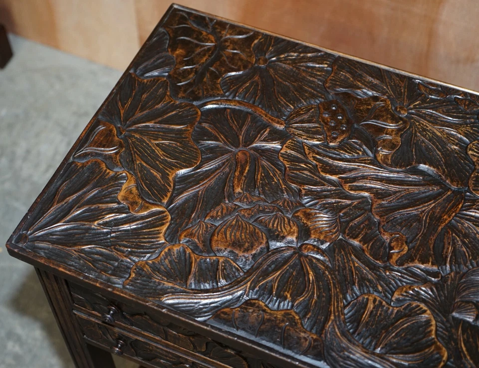 CIRCA 1905 LIBERTY'S LONDRES JAPONÉS TALLADO A MANO LÁMPARA LATERAL MESA CUBIERTOS CAJONES Foto 4 de 4