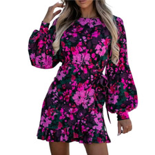 Lantern sleeve ruffle hem high lace up waist floral dress.