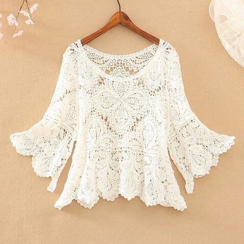 Womens Crochet Crop Top Half Sleeve Hollow Out Lace Shawl Sun Protection Tops - Picture 20 of 26