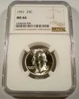 1951 NGC 25c MS66 WASHINGTON QUARTER BRIGHT WHITE SILVER MS 66