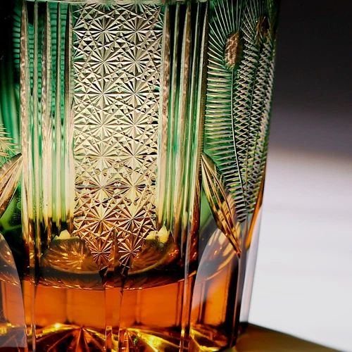 Amber Green Whiskey Glasses Japanese Style Hand Cut Crystal Kiriko Glass 8.5oz - Picture 6 of 12