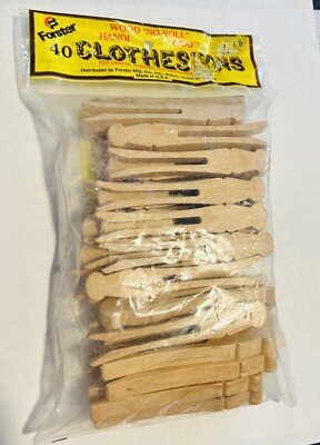 Vtg Wooden Wood Clothespins 40 -1 Pkg. Forster Mfg No Roll Hands Craft 1986