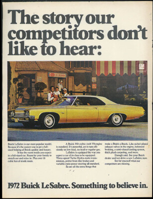 The story our competitors don't like to hear Buick LeSabre ad 1972 Black models