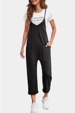 Women's Spring New Casual Pocket Pants Solid Loose Strap Straight Jumpsuit