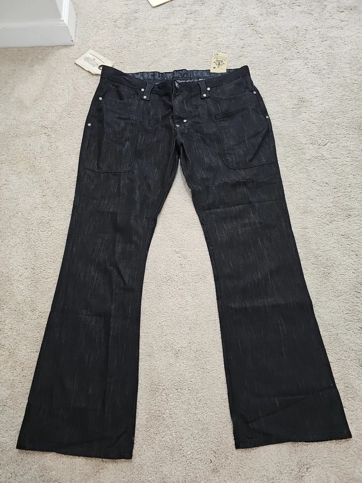 Pantalones de mezclilla Black Label Premium para hombre 42x33” remaches de metal corte bota negro Foto 3 de 4