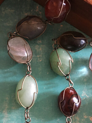 Collier Vintage En Pierres Polies – Améthyste, Agate, Aventurine, Quartz – Occasion (un Quartz Légèrement Craquelé)