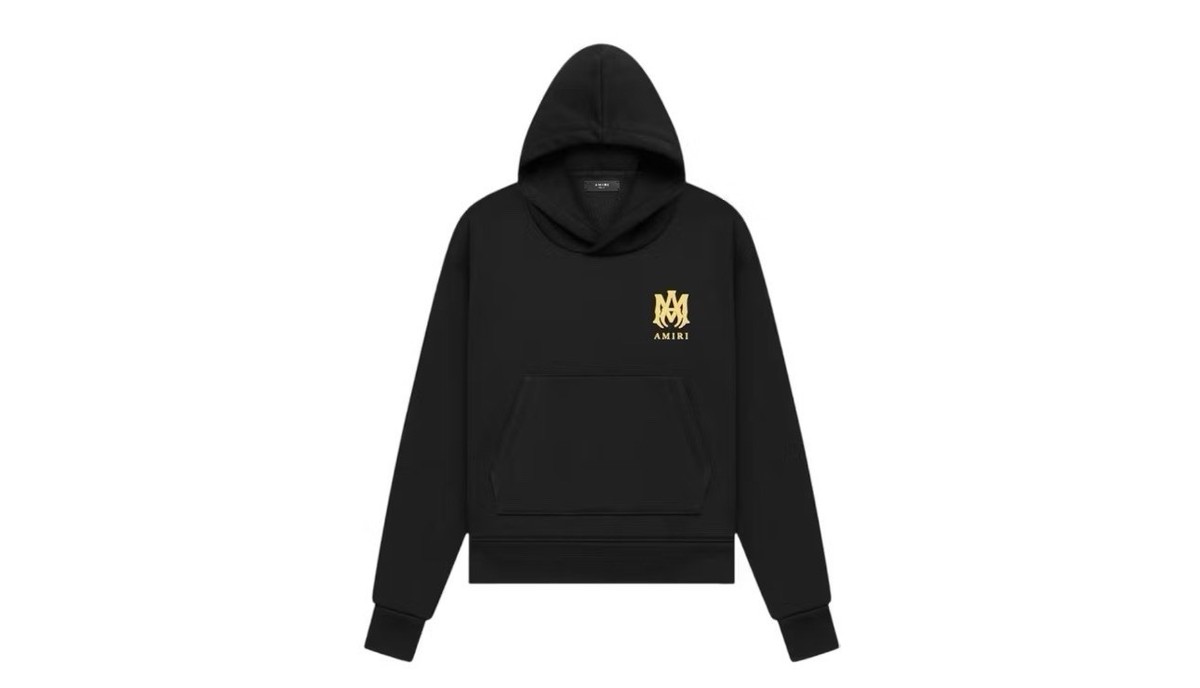 Amiri Men's Black Pullover Hoodie Gold Logo Hooded Graphic Print M
