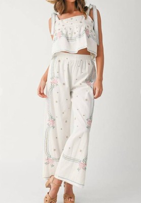 Mable Embroidered Tie Strap Top & Pants Set Of 2 Size M