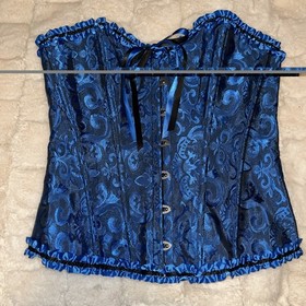 Blue/Black Brocade Ruffled Lace up Corset Bustier