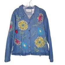 Vtg Y2K Tantrums Denim Jacket Sequin Floral Embroidered Sunflowers Festival Boho