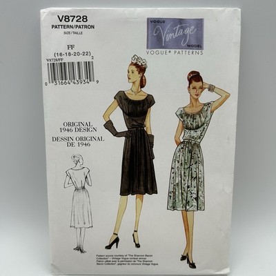 Vogue V8728, Vintage Model, Orig 1946 Design DRESS Pattern Sz 16-24
