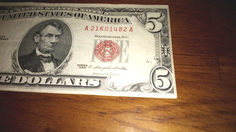 OFF CENTER 1963 A $5 US Bank Note Red Seal - In Good  CONDITION  