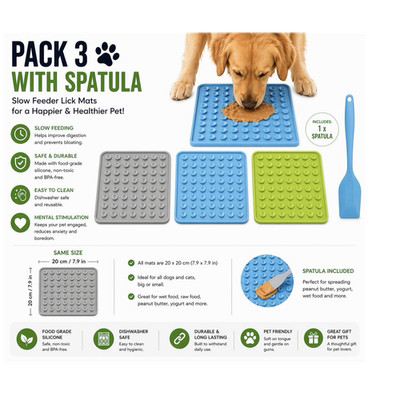 Pack 3 Silicone Slow Feeder Lick Mats w/ Spatula BPA-Free Dishwasher Safe
