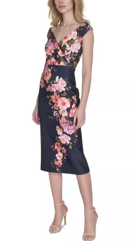 Eliza J women's Off-The-Shoulder Midi Dress - size 6 - Navy Floral