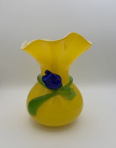 Blue Flower Rose Wrapped Stem Yellow Cased Crimped Rim Art Glass Vase 9"