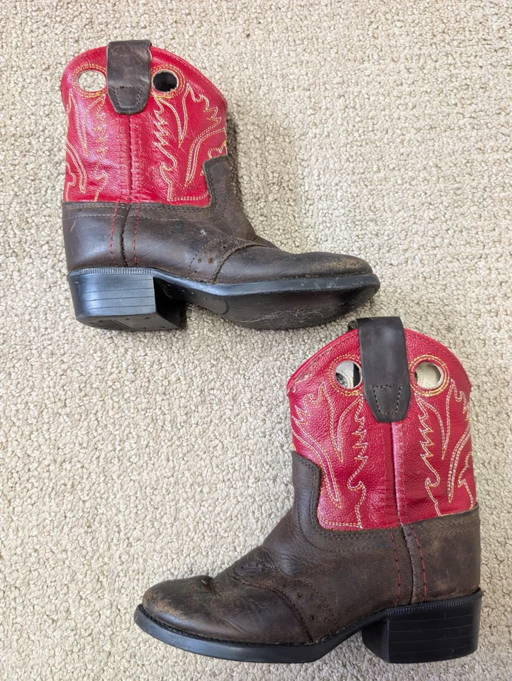 Botas de Tacón Vaquero Old West Niño Pequeño Rojo Marrón Cuero 3254 Talla 7 Unisex Western Foto 2 de 4
