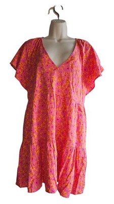Universal Thread Women's Pink Orange Floral Linen Flatter Short Smocked Dress L