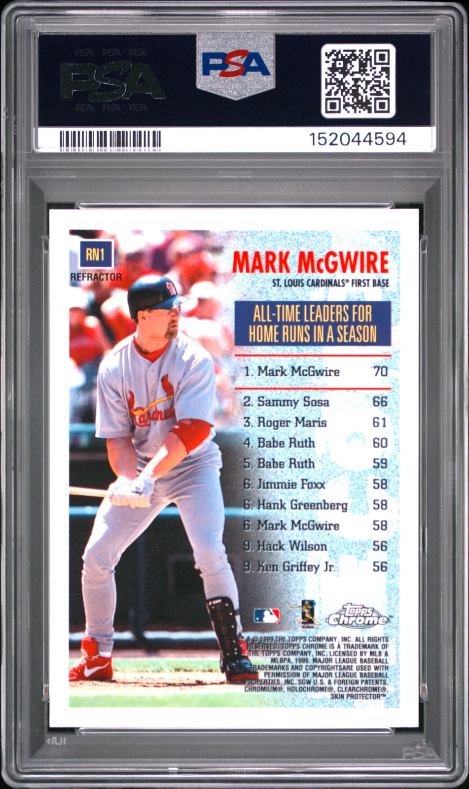 1999 TOPPS CHROME RECORD #'S REFRACTOR #RN1 MARK MCGWIRE PSA 8 view 2