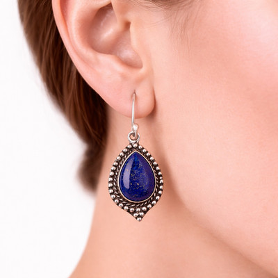 925 Silver Lapis Lazuli Gemstone Drop Earrings For Wife Artisan Jewelry 1.6''