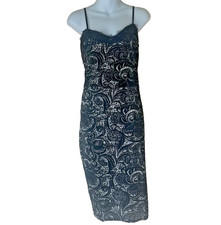 Boutique Made in UK Black Silver Velvet Lace Print Dress Size 14 Gothic Bodycon