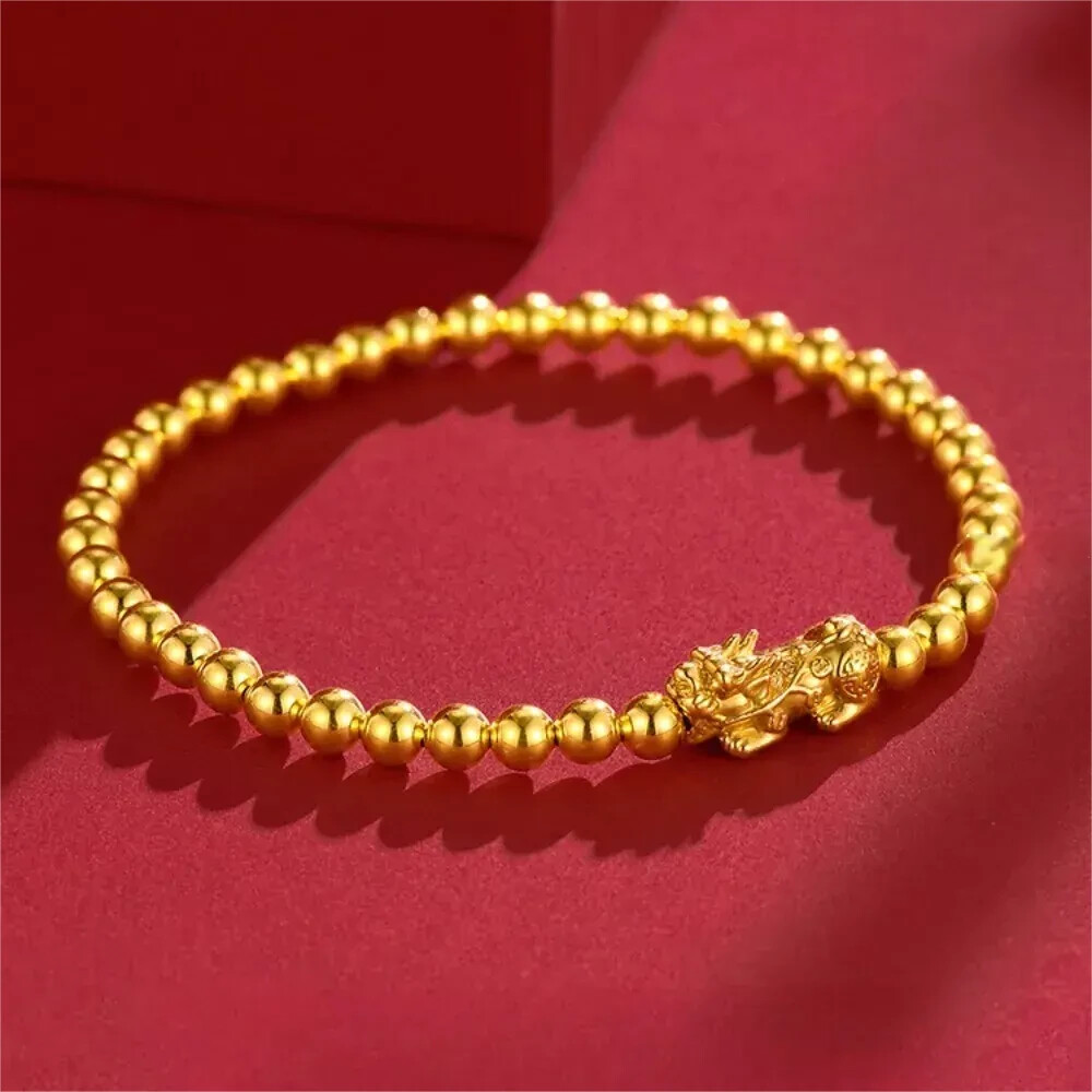 Pure 24K Yellow Gold 999 Dragon Pixiu 4mm Beads Women Bracelet