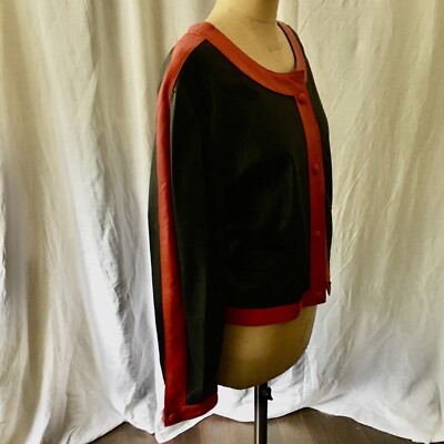 Veste En Cuir D'agneau Pleine Fleur Vintage Des Années 80 - Taille 40 - Style Bomber Sans Col - Noir Et Rouge