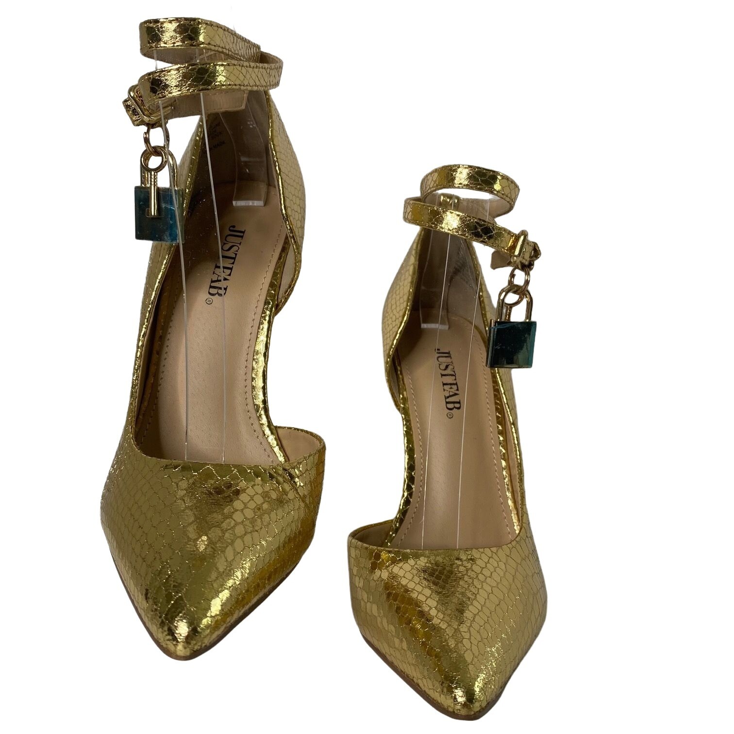 JUSTFAB Gold Metallic Size 7.5 Pumps New in Box Unworn with Extra Heel Tips